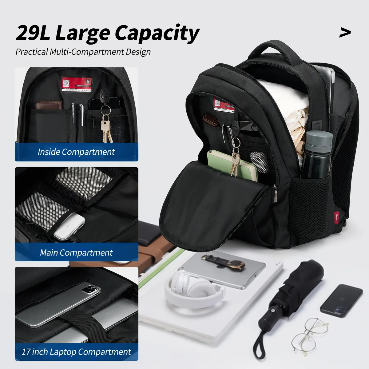 oiwas sac à dos étanche pour ordinateur de grande capacité avec port de chargement usb - sac de voyage durable pour ordinateurs portables jusqu'à 17 pouces