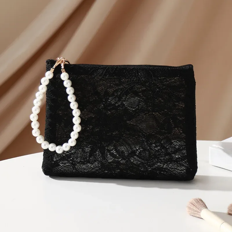 petite trousse de maquillage en dentelle à fleurs avec chaîne de perles, pochette à cosmétiques pour femmes, organisateur de voyage, sac à main portable pour clés de téléphone, porte-monnaie