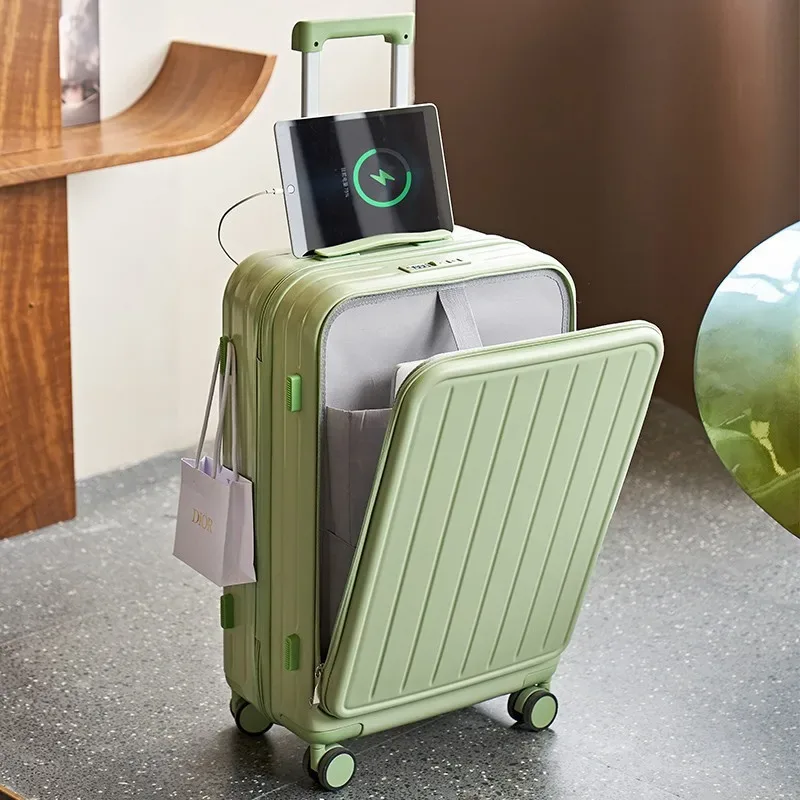 valise de voyage multifonctionnelle avec porte-gobelet, couverture ouverte avant, valise à roulettes, boîte d'embarquement, 20 ", 22", 24 ", 26"