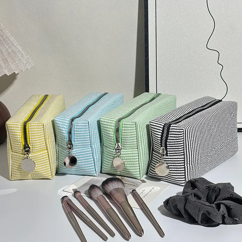 trousse de toilette rayée en mousseline bulle, sac de voyage portable, grande pochette de rangement pour maquillage, trousse de maquillage pour étudiant