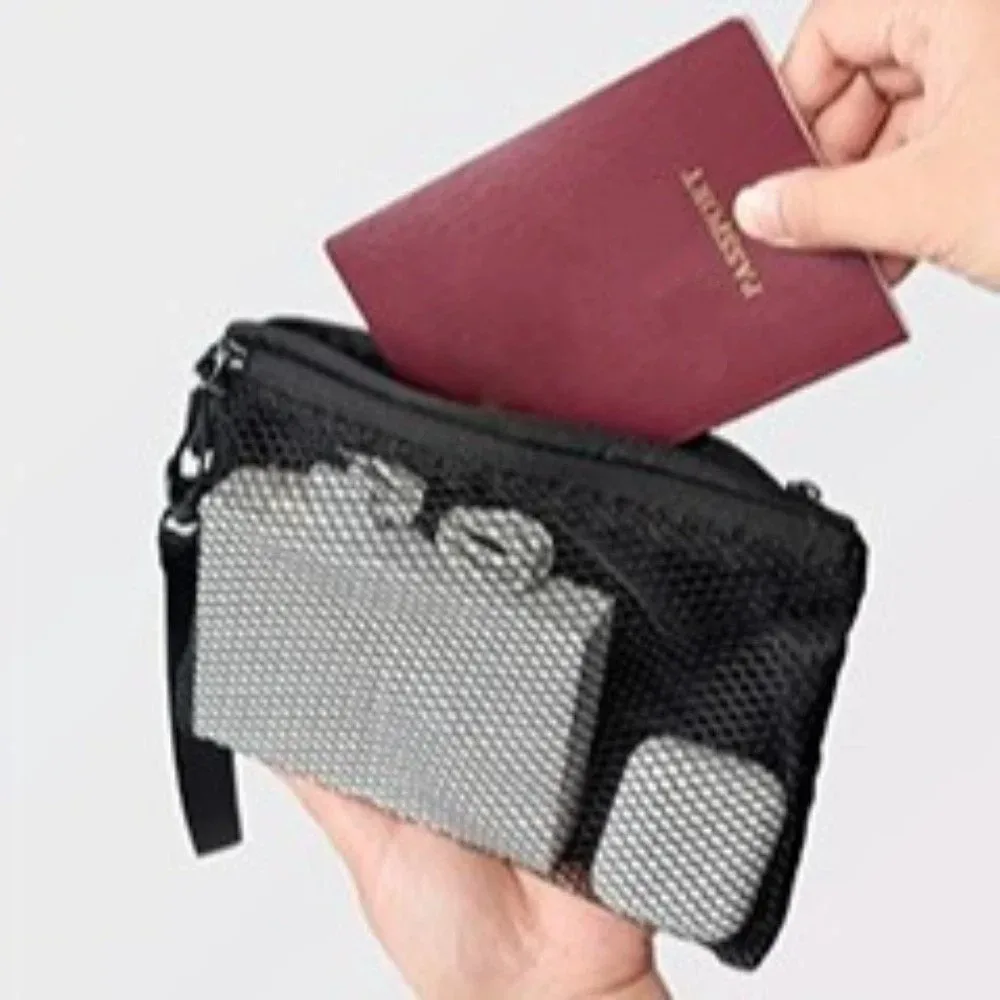 sac de rangement en maille légère avec fermeture éclair, sac à cosmétiques de couleur unie, pochette de maquillage multifonctionnelle en polyester, rangement de maquillage