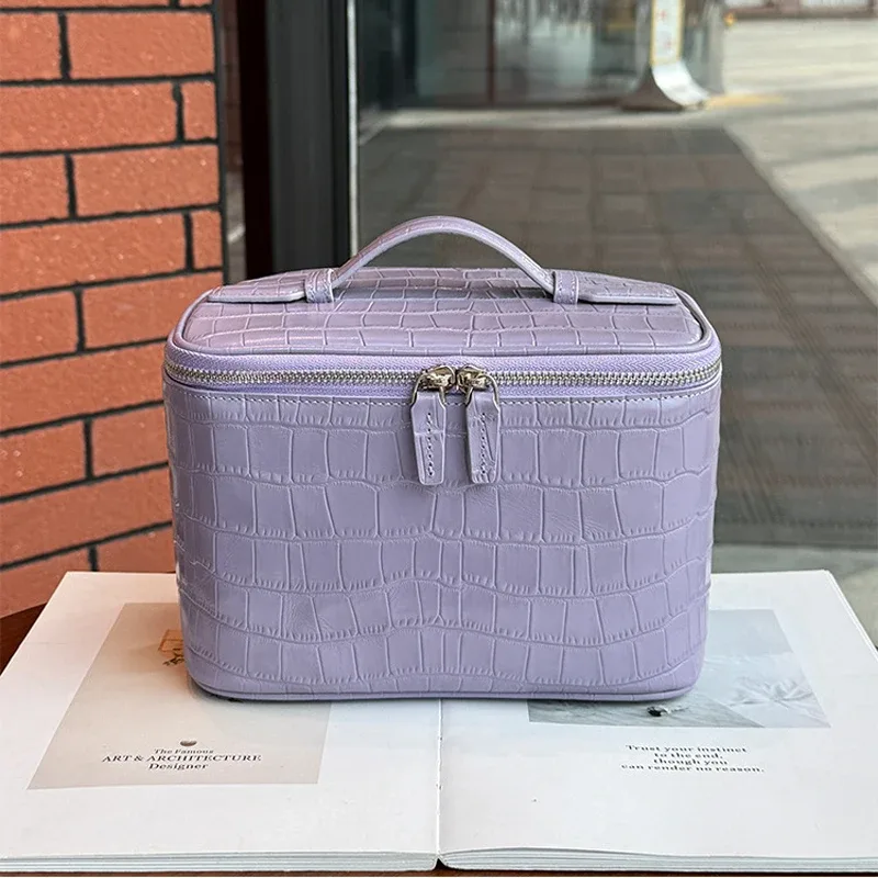 28 trousse de maquillage en cuir de vachette de haute qualité à motif crocodile pour femmes, sac de toilette portable, sac de rangement pratique