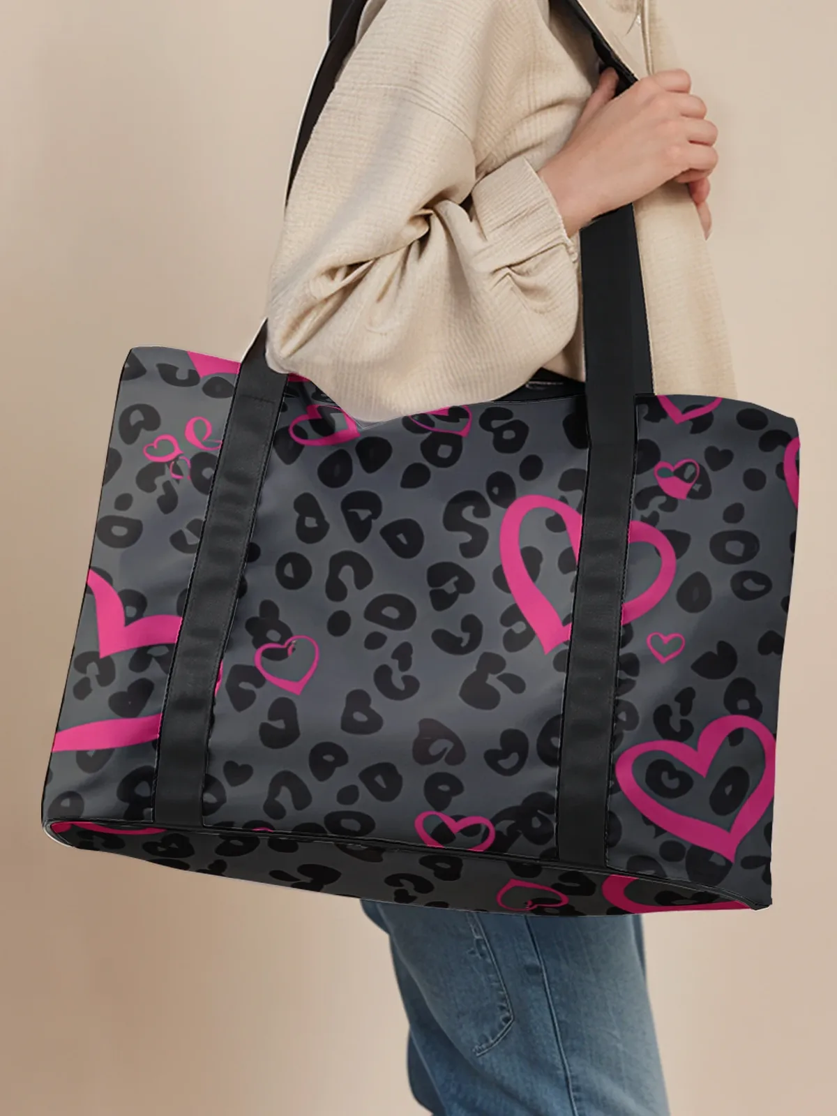 grand sac fourre-tout imprimé cœur rose léopard, sac à main à bandoulière, sac de rangement à larges sangles pour les voyages, la plage, le shopping, la salle de sport et les trajets quotidiens