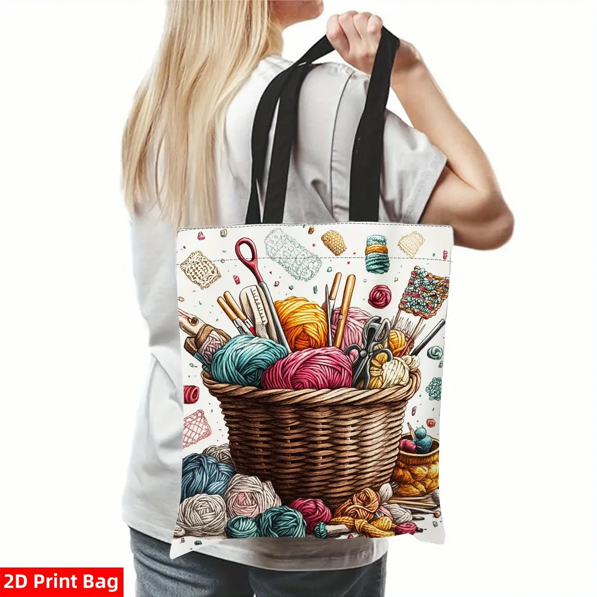 sac fourre-tout artisanal en crochet pour femmes, design imprimé 2d avec boules de fil, aiguilles et outils, sac à bandoulière décontracté en polyester durable