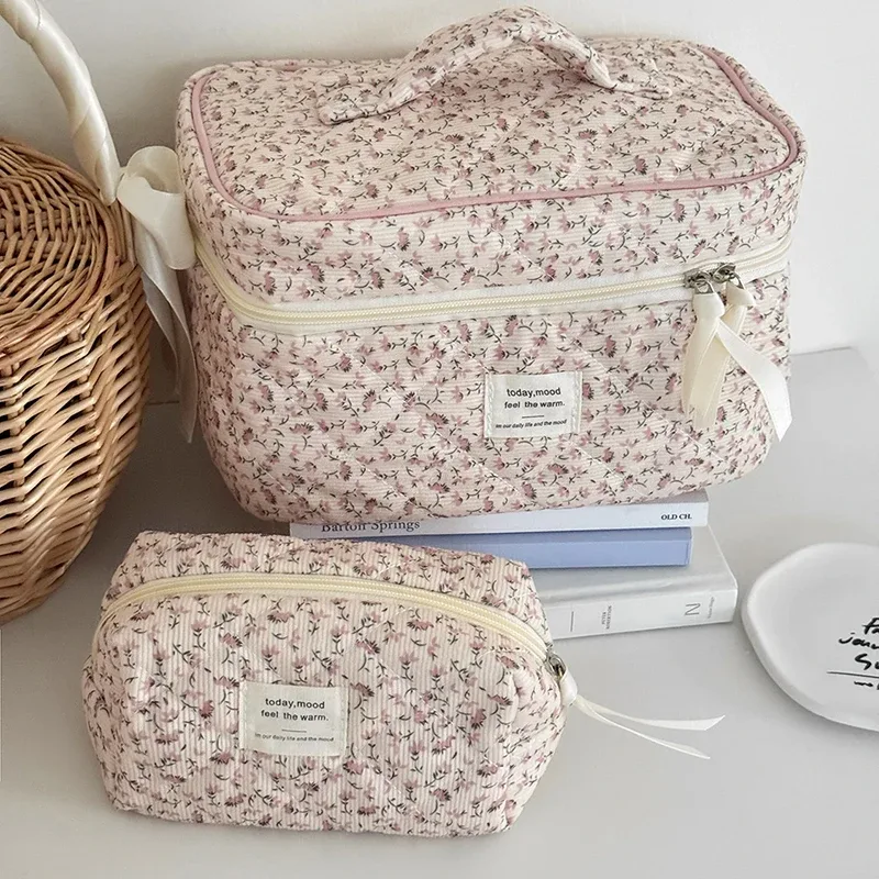 grande trousse de toilette florale en velours côtelé grande capacité, sac de maquillage portable de voyage, organisateur de toilette pour filles, sac de rangement