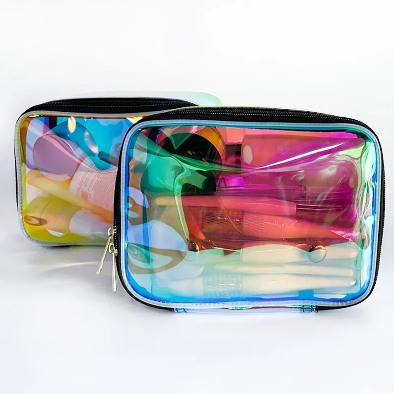 nouveauté sacs à cosmétiques irisés holographiques clairs sac de toilette de voyage étanche holographique transparent