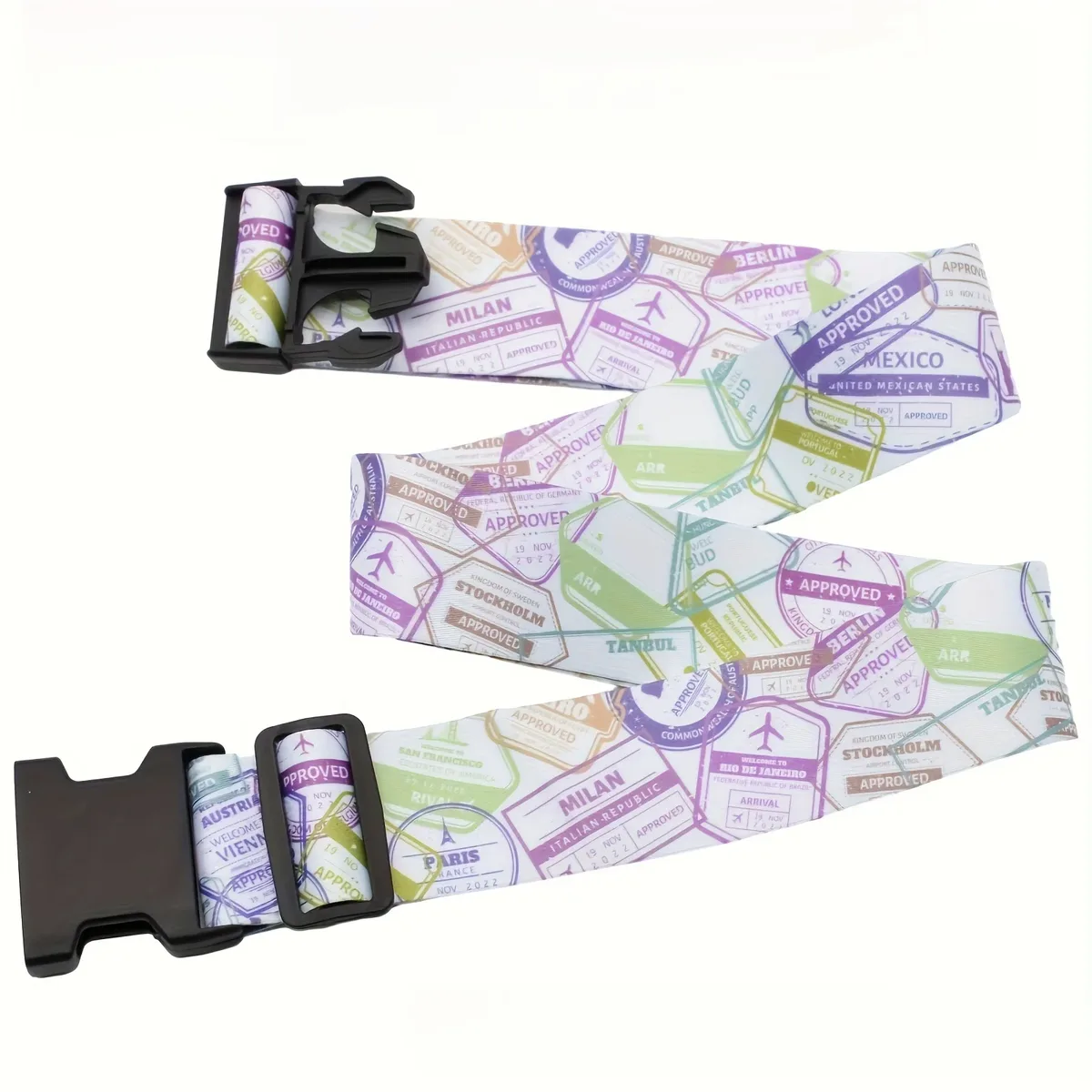 ceinture bagage polyester géométrique puzzle noir timbre blanc voyage fixation réglable longueur cent quatre vingt