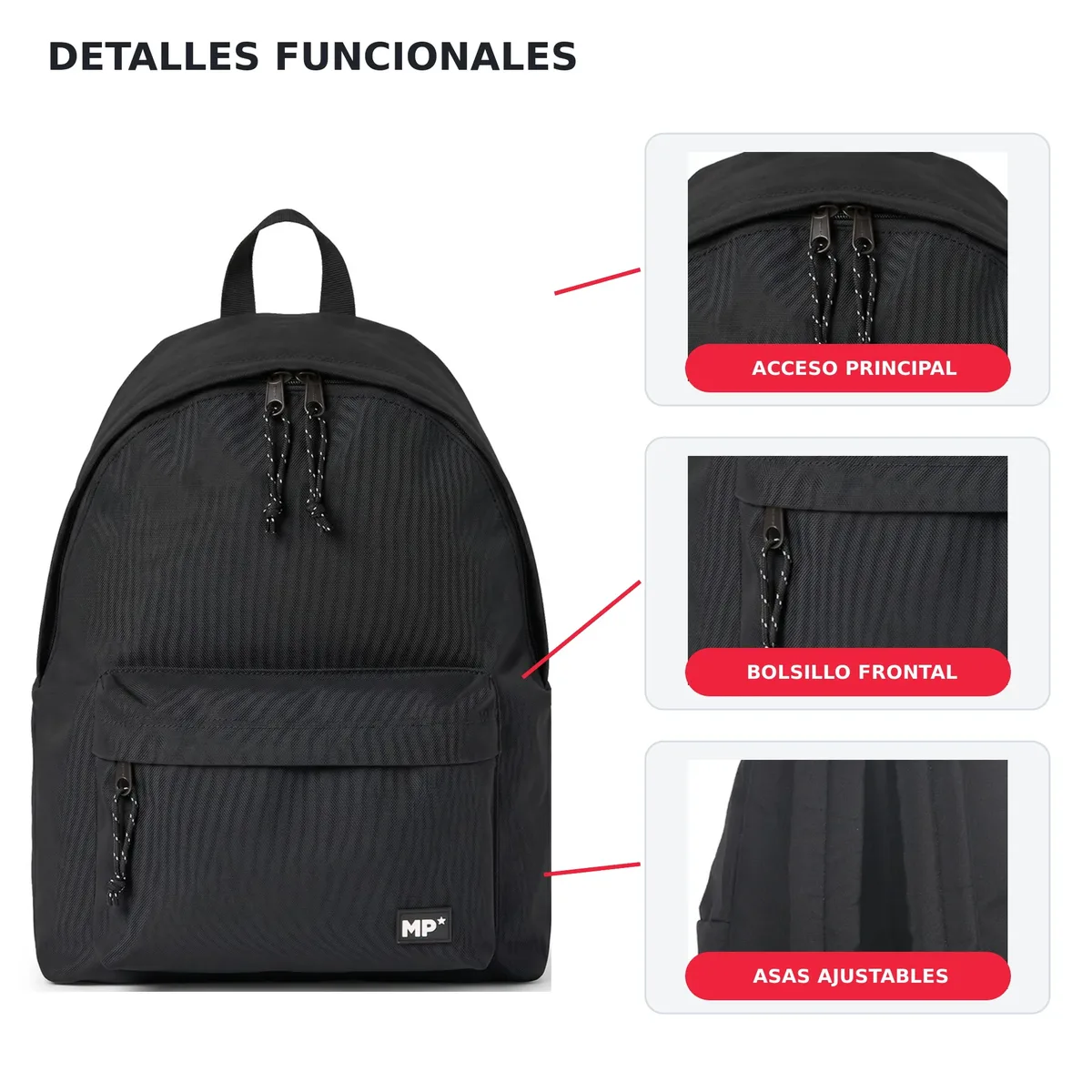sac à dos scolaire décontracté noir mp 35x24x43cm | poignées et dos rembourrés, plusieurs compartiments et poche latérale | sac à dos basique durable pour l'école, l'université, les voyages et le bureau