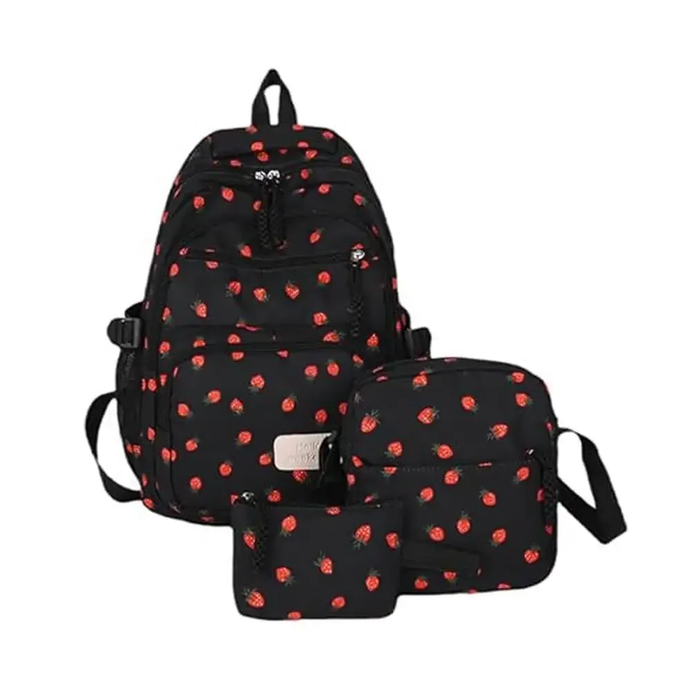 sac à dos en velours côtelé, ensemble de trois pièces, imprimé fraise, sac à dos quotidien décontracté, niche, grande capacité, sac à dos léger pour les déplacements