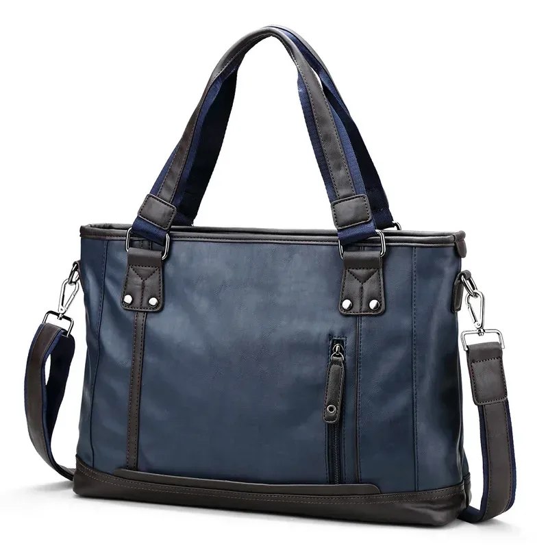 porte documents cuir bleu marine marron format 40x29x11cm bandoulière amovible poignée souple doublure polyester vintage voyage business briefcase