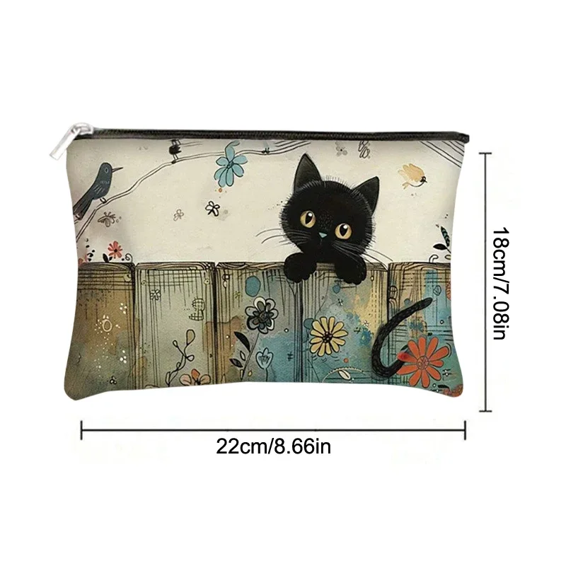 pochette à fermeture éclair florale chat noir, durable et résistante à la décoloration, pour maquillage, sac cosmétique de voyage pour femme, idéal comme cadeau