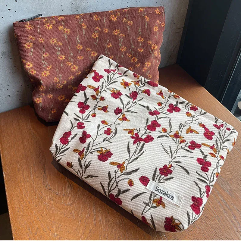 trousse de maquillage portable en velours côtelé pour femme, sac de rangement pour téléphone portable, trousse de maquillage pour fille, poudres, fleur vintage, voyage