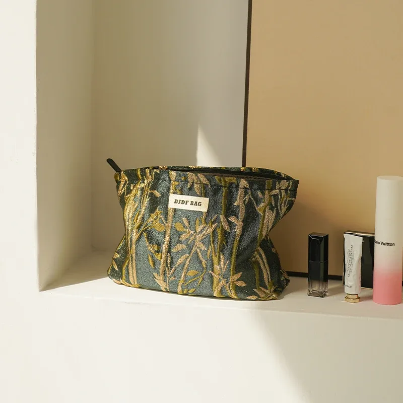 trousse de maquillage pour femmes, imprimé noble, fleurs dorées, grande capacité, rouge à lèvres, coussin d'air, sac de rangement, trousse de toilette de voyage portable