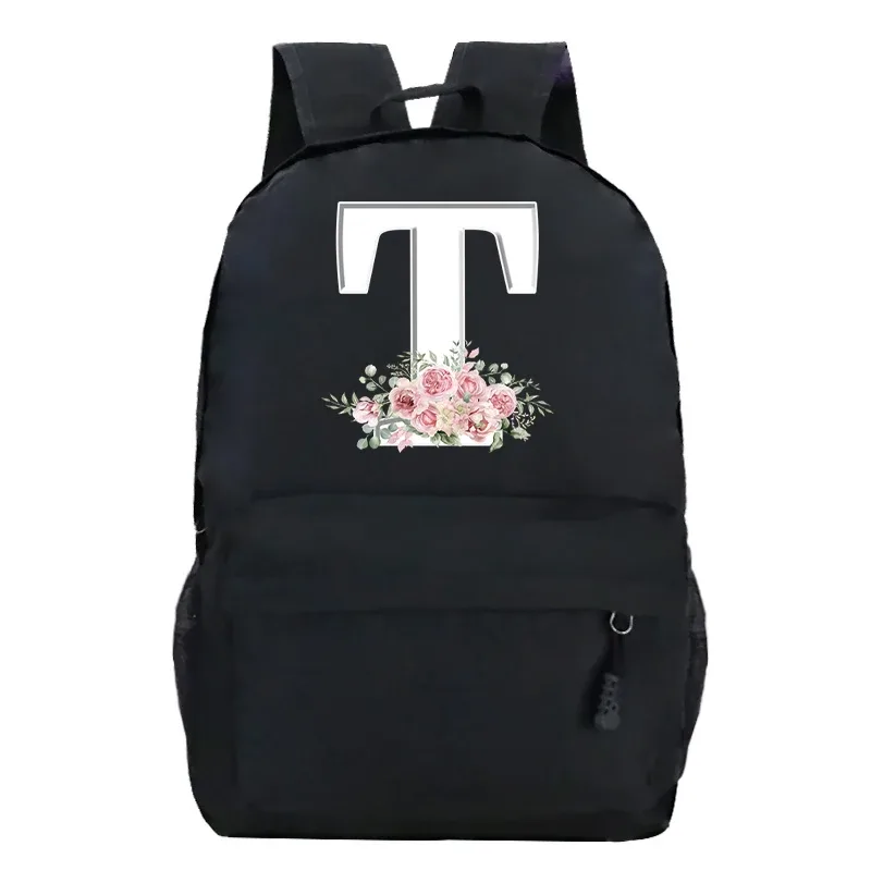 étudiant dames rose floral alphabet blanc impression sac à dos femmes fleur harajuku cartables femme rose lettre sac à bandoulière