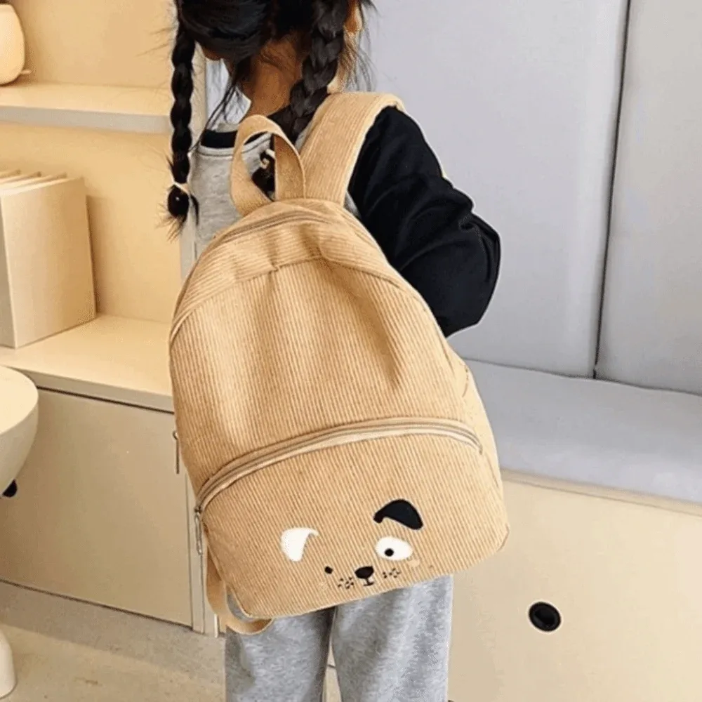 Sac à dos simple en velours côtelé pour enfants, motif ours de dessin animé, couleur unie, grande capacité, pour étudiants et femmes