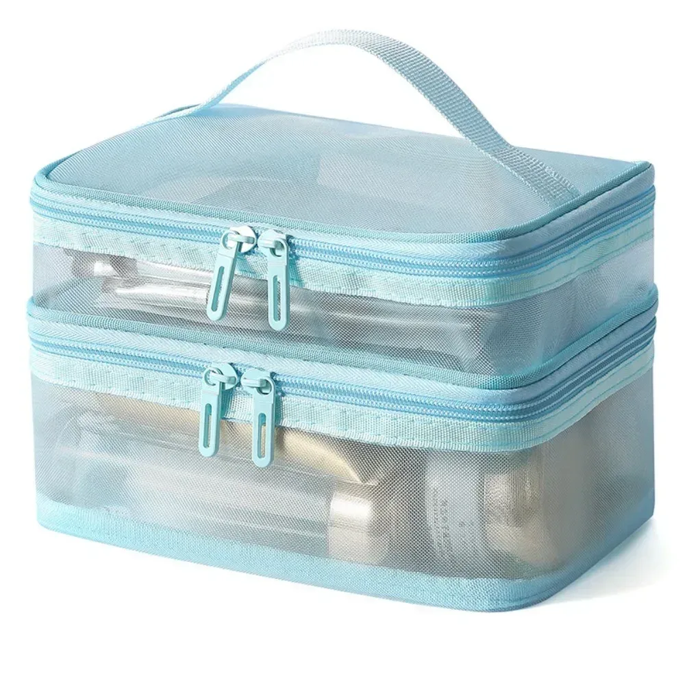 sac de voyage en maille transparente pour femmes, sac de rangement pour cosmétiques, trousse de toilette à 2 couches, sac de rangement de grande capacité pour maquillage