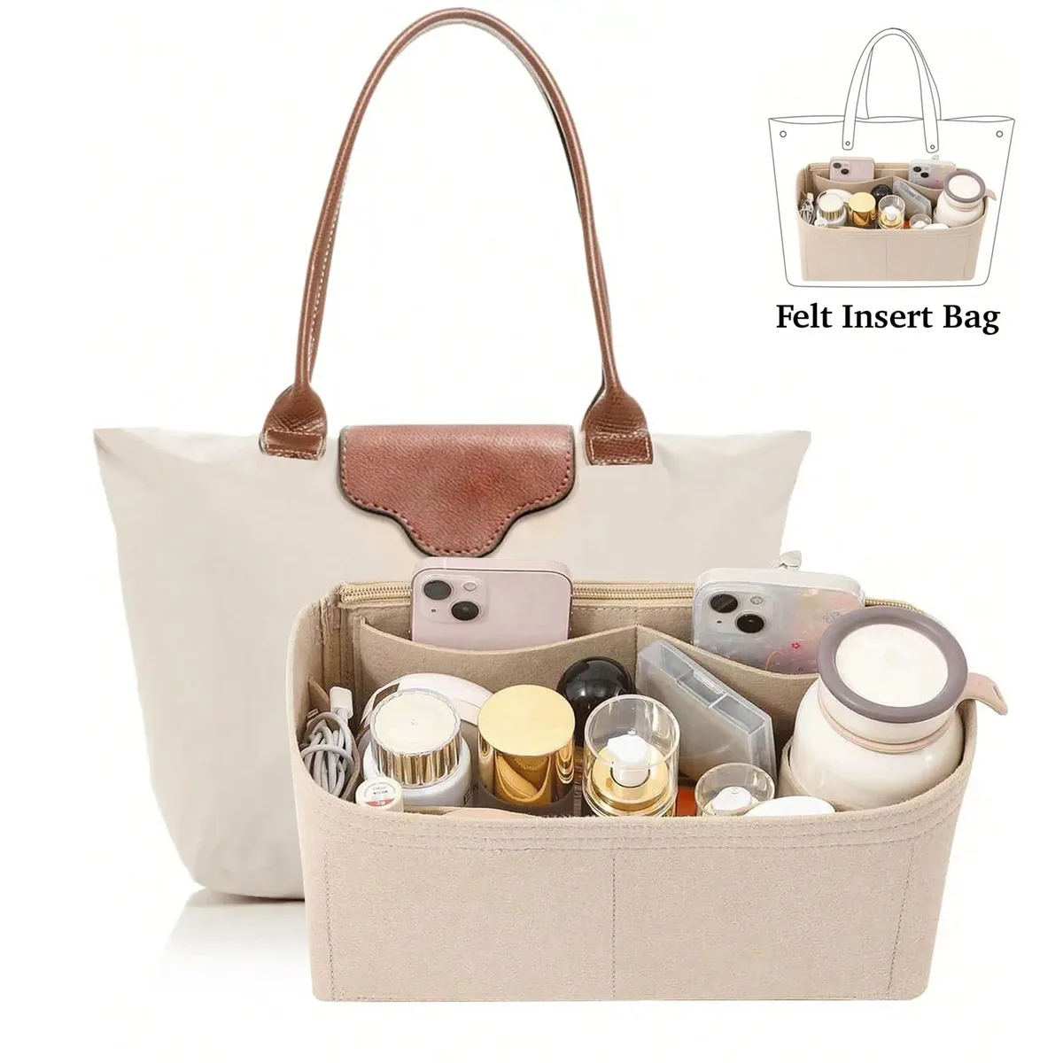 organisateur de sac fourre-tout en feutre, sac de rangement intérieur avec doublure, anti-déformation, insert intérieur multi-poches pour un rangement classifié