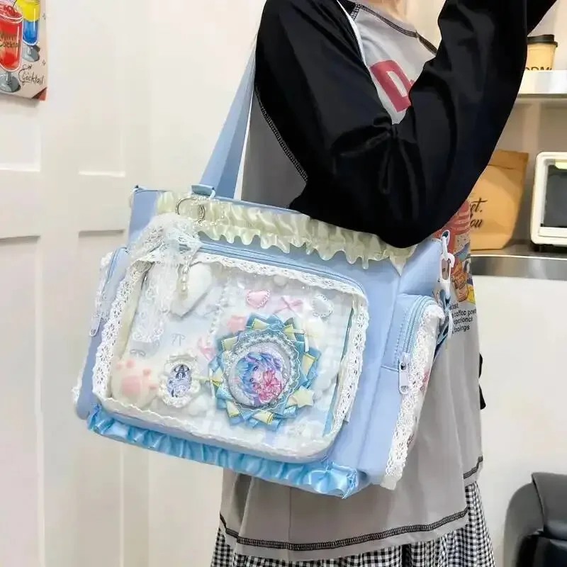 y2k nouveau sac à bandoulière doux ita lolita fille sac à bandoulière transparent femmes grande capacité sac fourre-tout en dentelle mignon bricolage affichage sac à main