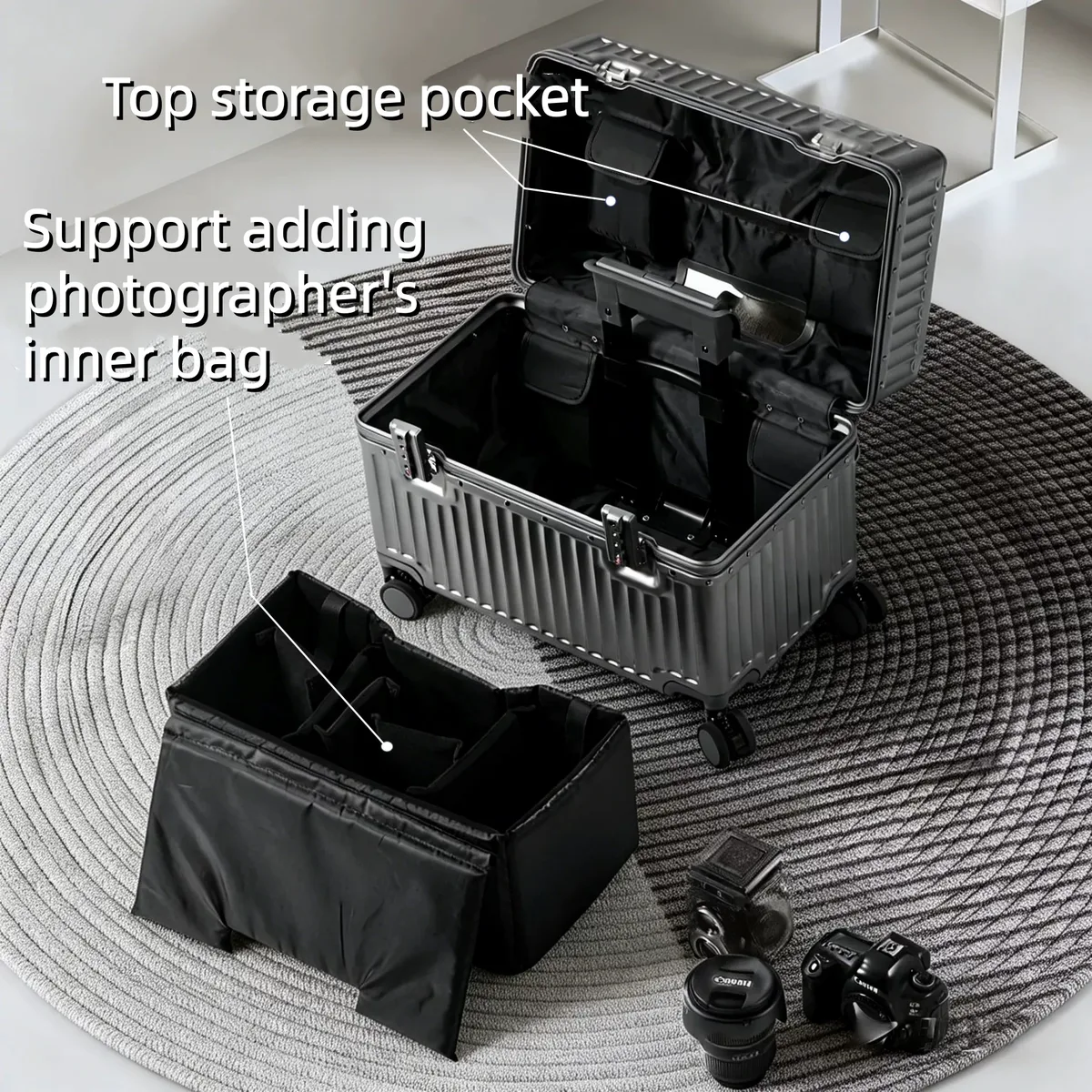 valise à roulettes à ouverture par le haut 18/20 pouces, bagage cabine pour photographe, en polycarbonate avec cadre en alliage d'aluminium et serrure tsa