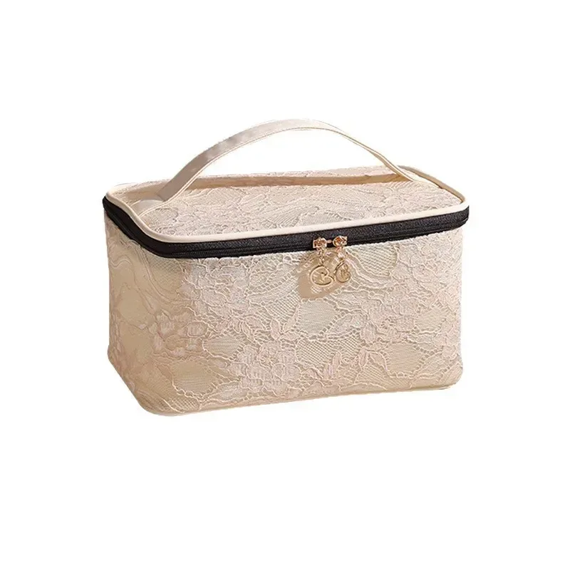sac de maquillage portable de luxe, sac de rangement de cosmétiques design en dentelle, pochette de toilette de voyage, sac à main en fiber de polyester avec fermeture à glissière