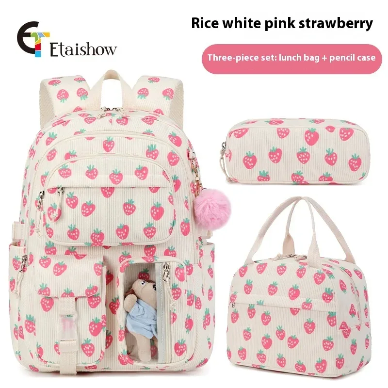 Sac à dos d'université en velours côtelé, 3 pièces, avec sac à déjeuner, trousse à crayons, mignon fille, école, imprimé fraise, ensemble de sac à dos pour adolescentes et femmes