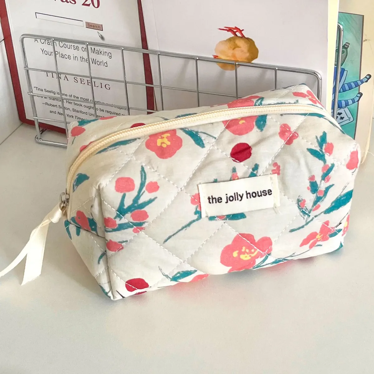 organisateur voyage polyester fleur rose feuille verte fruit rouge décoration floral sac rectangulaire fermeture glissière