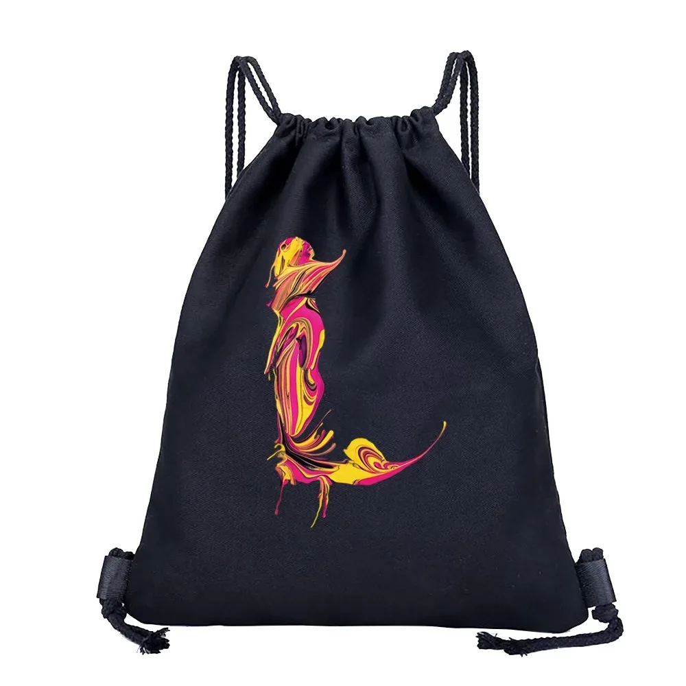sac dos lin noir motif multicolore compact pliable cordon serrage poignées souple grande capacité sports plein air harajuku polyvalent