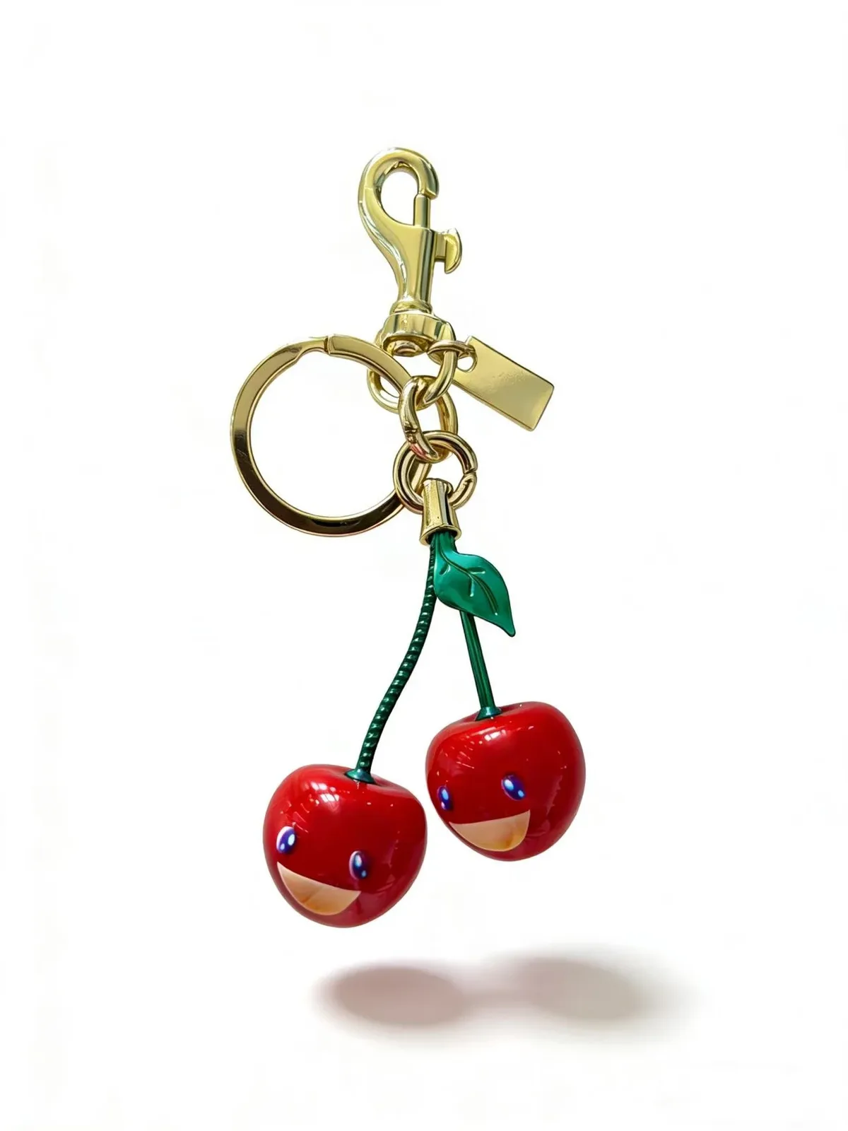 porte-clés cerise souriant mignon – breloque pour sac de fruits rouge et vert avec boucle dorée, pendentif en résine durable pour sac à main et sac à dos pour femme