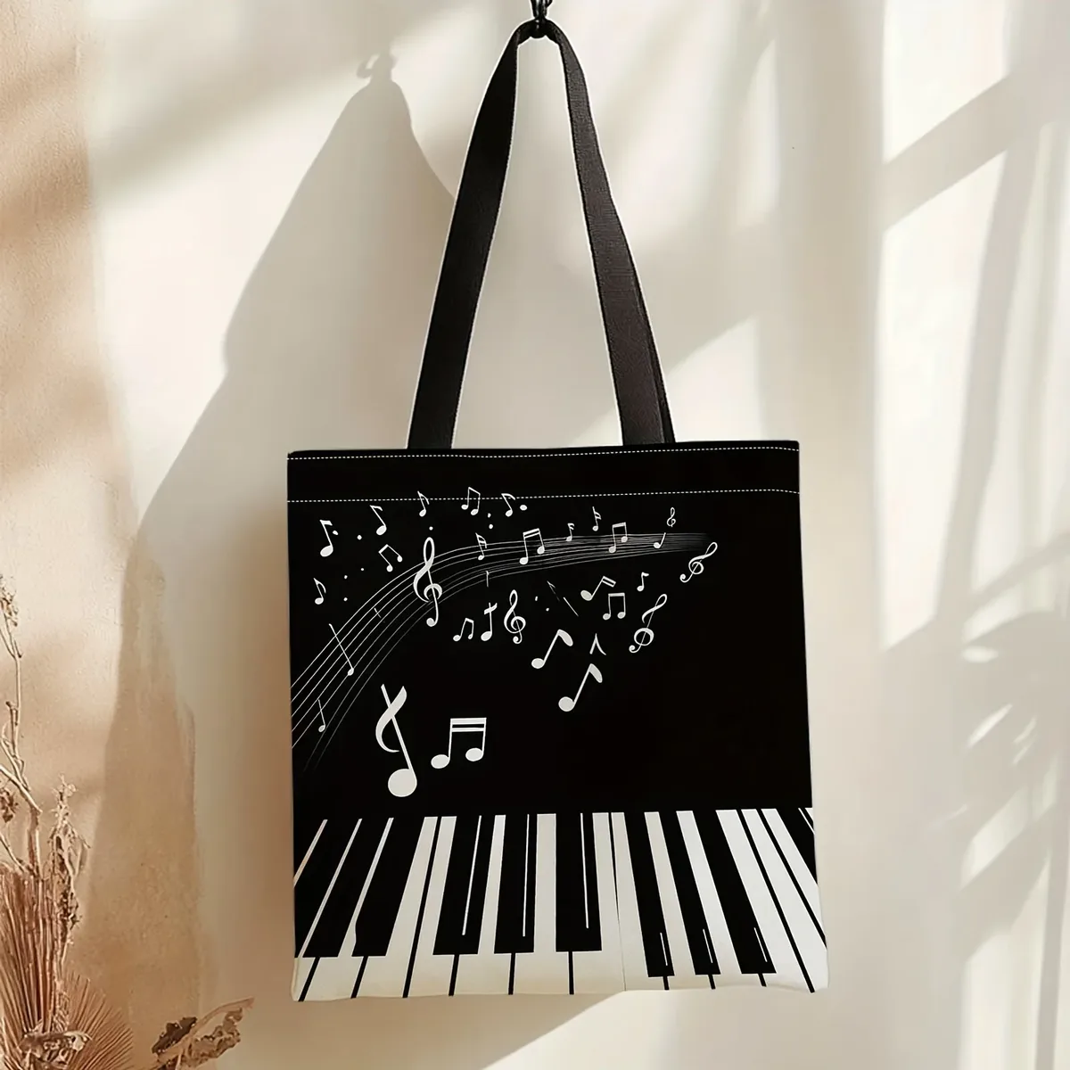 sac fourre-tout réutilisable beige avec imprimé notes de musique et touches de piano, sac à main pour musiciens et enseignants, pochette à bandoulière