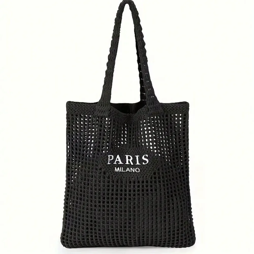 sac fourre-tout tricoté pour femme - sac à bandoulière ouvert avec inscription paris, sac de plage et de voyage respirant, tissu lavable, accessoire de shopping décontracté, design tissé durable, exclusif pour les passionnés de mode