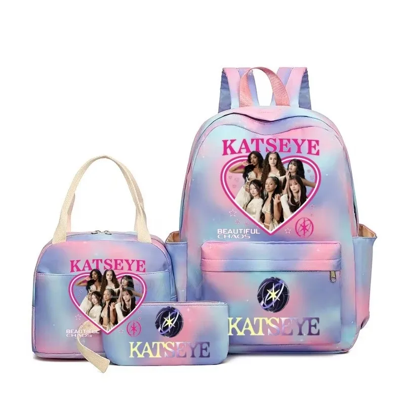 nouveaux sacs à dos katseye à imprimé amusant, 3 pièces/ensemble, sac d'école pour étudiants, sac de voyage pour adolescentes et garçons, sacs à lunch, sac à dos