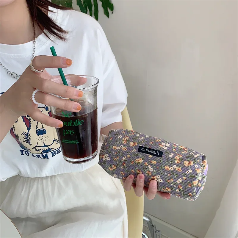 sac à main floral en velours côtelé pour femme, sac de rangement pour rouge à lèvres, sac à main kawaii, portefeuille de maquillage, trousse à crayons en poudre, sacs de voyage