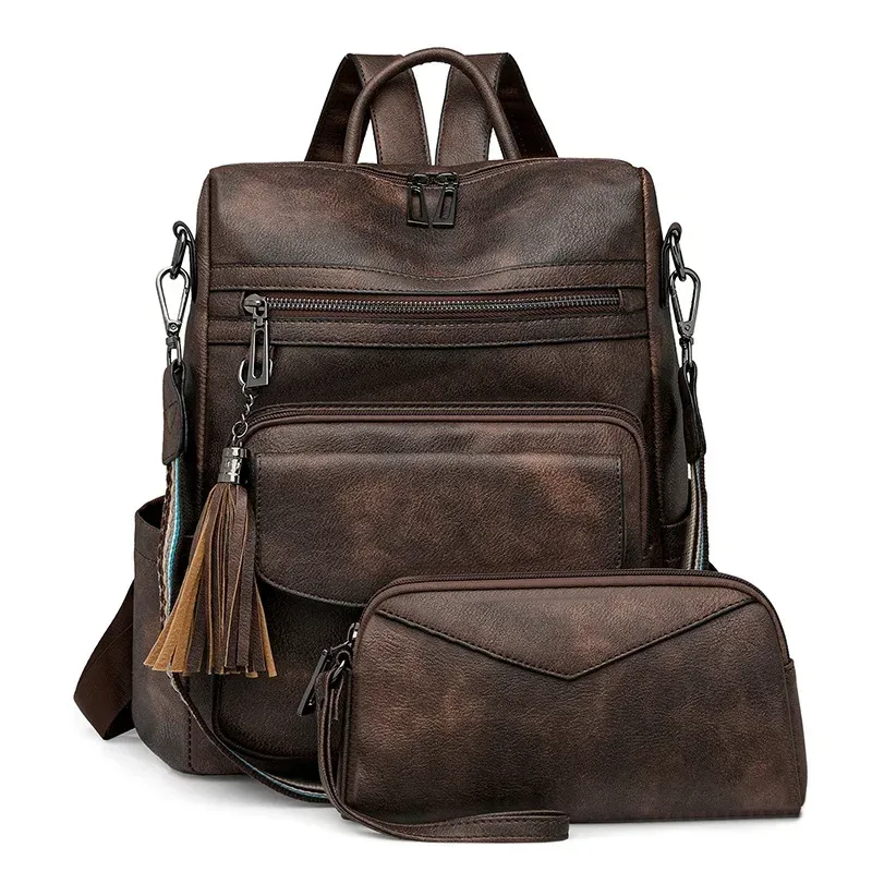 sac à dos en cuir pu pour femmes, imperméable, antivol, grand sac à dos de voyage rétro pour collège, sac à bandoulière avec pompon, 2025