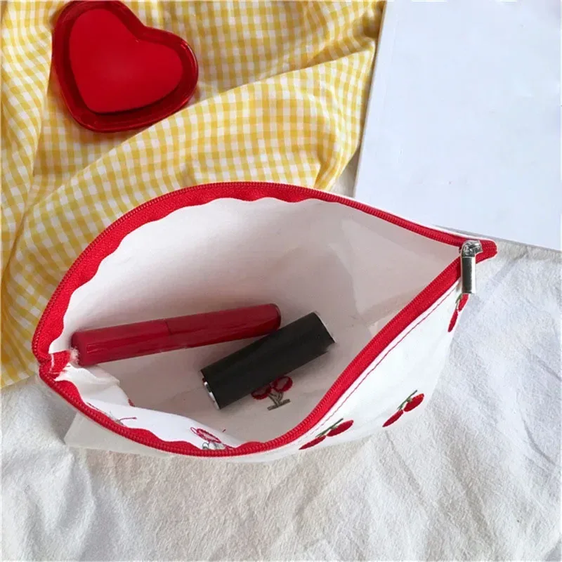 sac à cosmétiques en coton portable mignon cerise broderie femmes sacs de rangement petite femme voyage fermeture éclair maquillage téléphone pochette étui