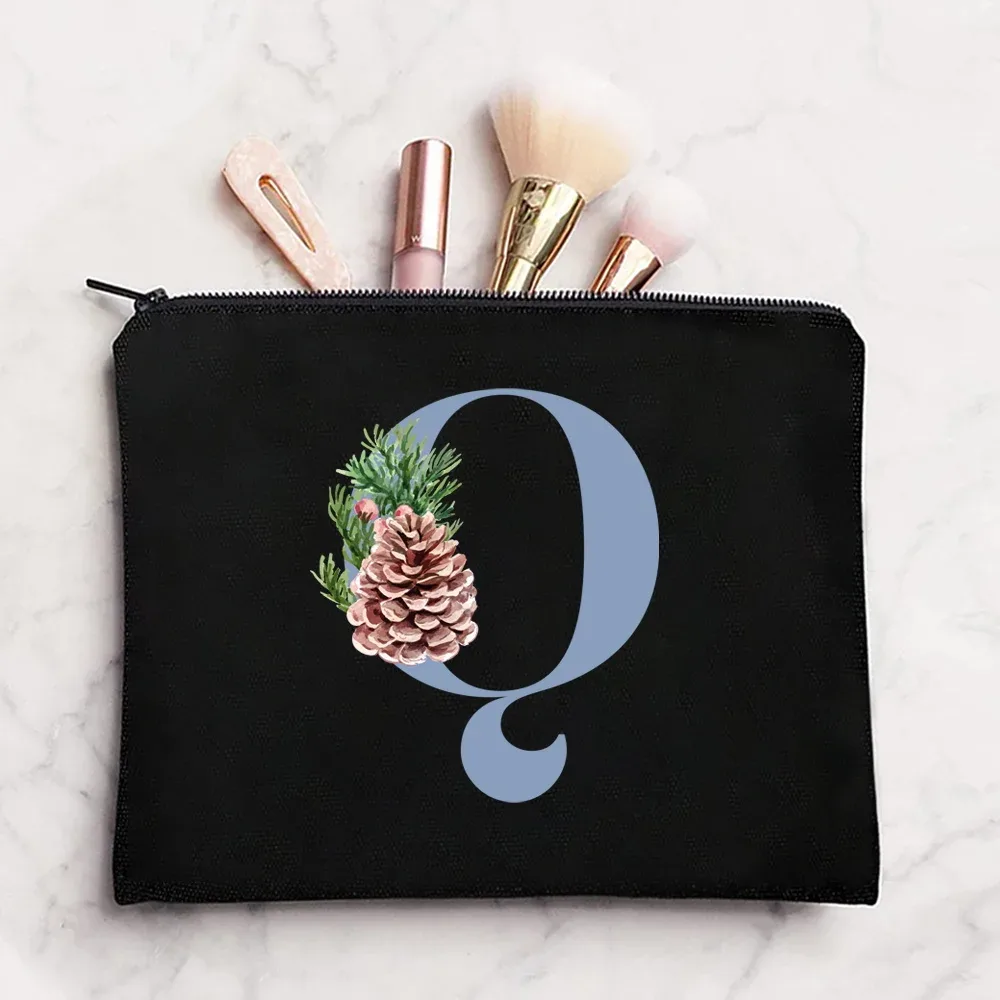sac à cosmétiques en tissu pour femmes, pochette de maquillage, sac de voyage, rouge à lèvres, étuis de rangement, pochette à fermeture éclair, porte-monnaie de téléphone, initiales bleues imprimées