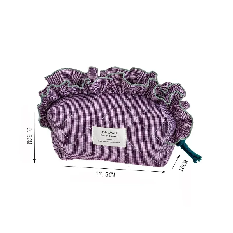 trousse de maquillage rétro à carreaux vichy grande capacité pour femme, pochette de voyage pour cosmétiques avec bord festonné et fermeture à nœud en ruban