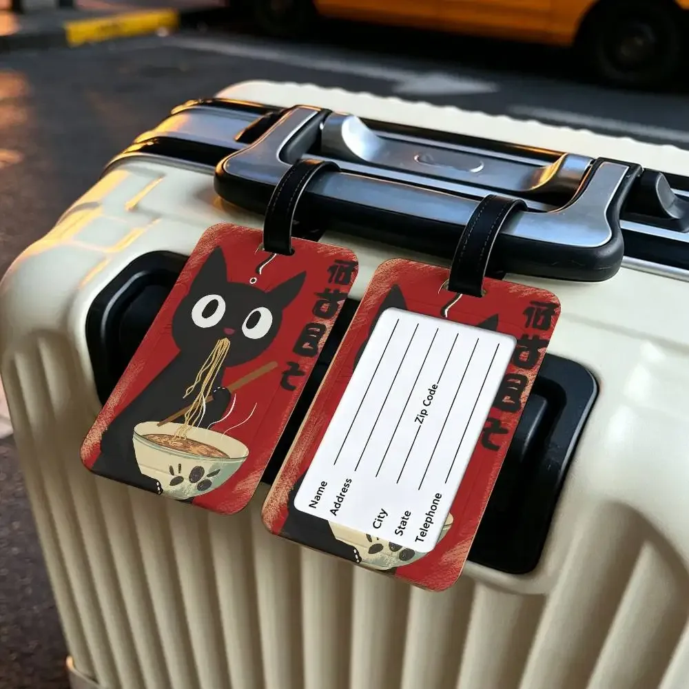 chat japonais mangeant des nouilles, étui pour carte d'information en toile imperméable, étiquette de bagage en pvc, identifiant anti-perte pour valise et sac à main