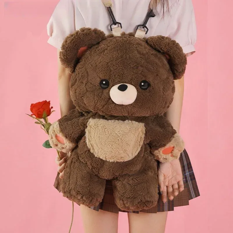 nouveau sac à dos ours brun en peluche mignon kawaii, sac à dos animal doux de haute qualité, sac à bandoulière fourrure lolita tendance, cadeau d'anniversaire pour fille