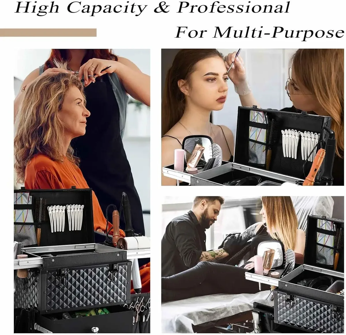 mallette de maquillage roulante, chariot de cosmétologie professionnel, verrouillage sur roulettes pour barbier et artistes de maquillage avec support pour sèche-cheveux