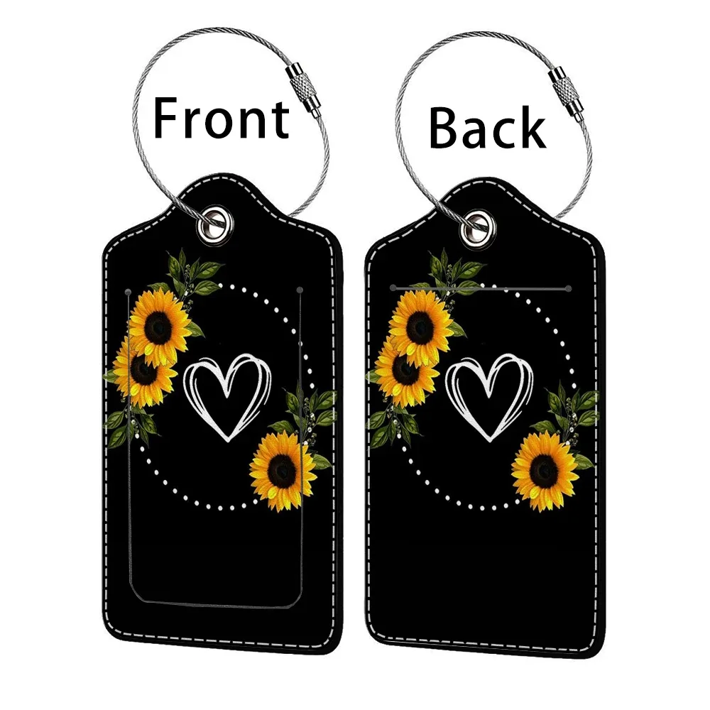étiquette bagage polyuréthane motif tournesols bleu nuit jaune voyage identification personnelle plaques adresses double cartes bancaires