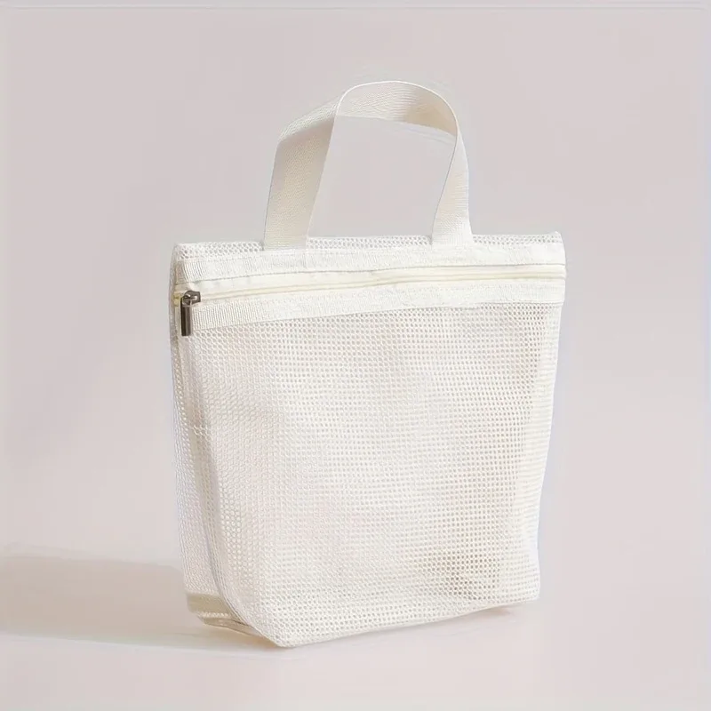 sac de rangement en maille portable pour sacs à main, design ajouré pour le bain, l'égouttage, les articles de toilette, les voyages, la natation, le maquillage.