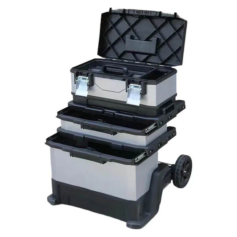 Valise Aluminium Grise Roulettes Fixes Poignées Bleues Compartiments Superposés Transport Voyage Travaux Hausse Atelier