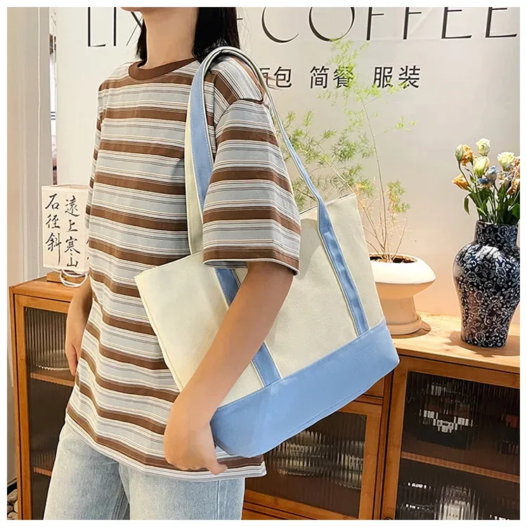 sac à bandoulière en toile personnalisable avec nom, poche avant color block, grand sac fourre-tout décontracté réutilisable pour femme, plage, shopping quotidien