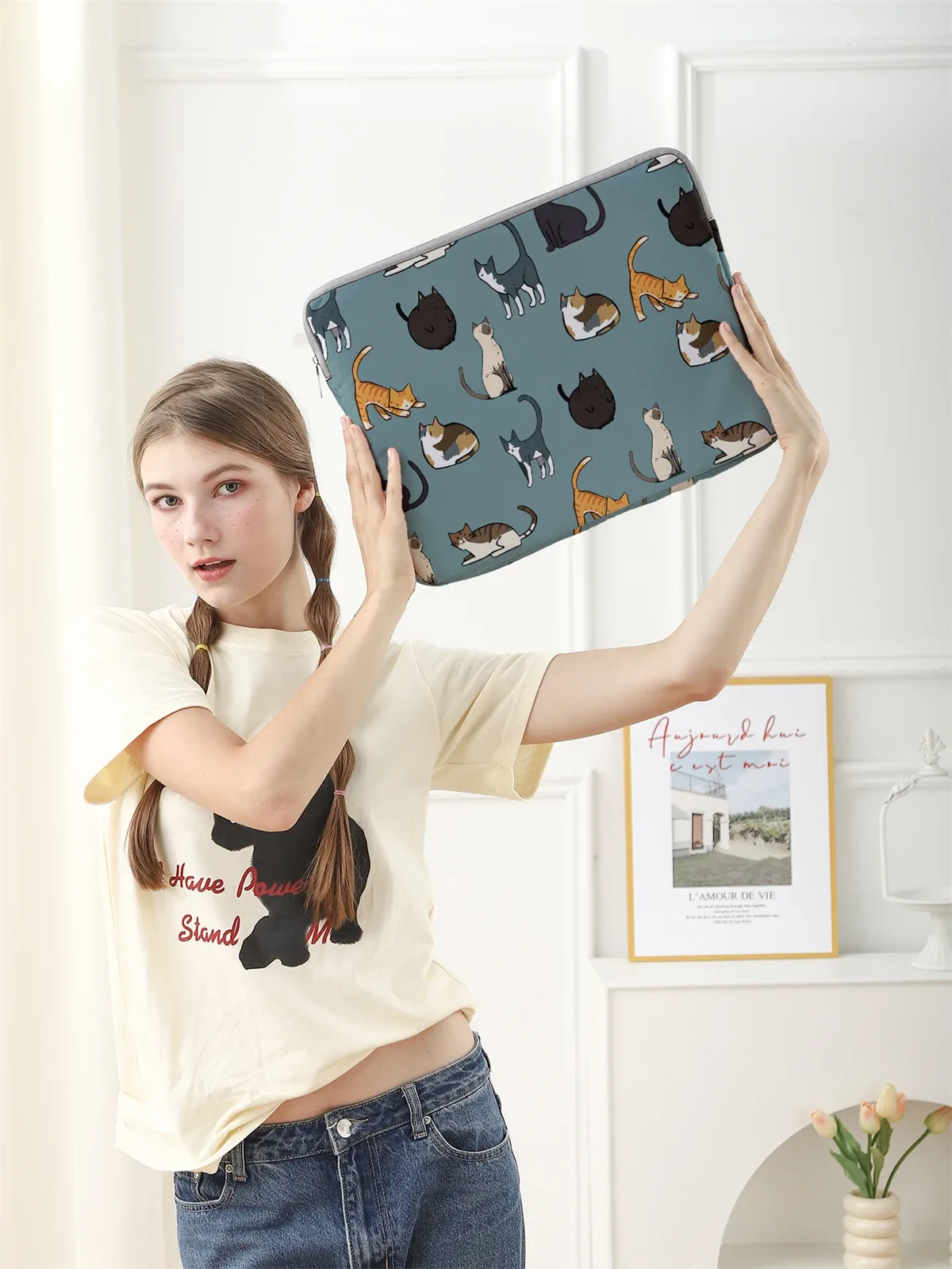 sac pour ordinateur portable et mallette à motif de chat, adapté aux ordinateurs portables de 14 pouces