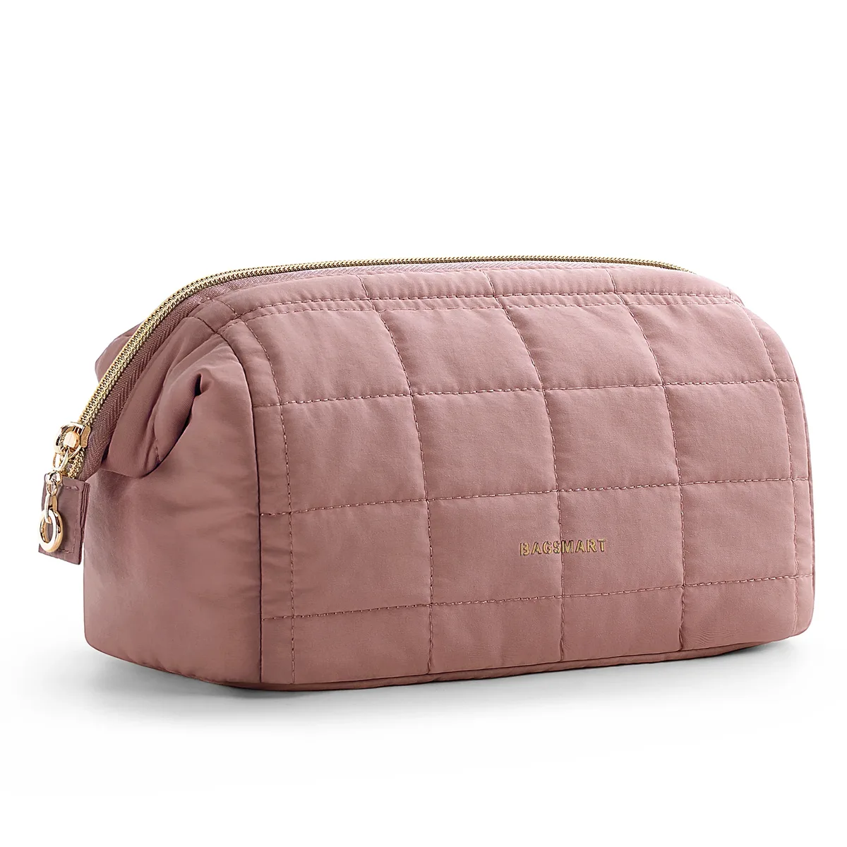 trousse toilette cosmétique taslan rose motif coutures quadrillées rectangulaire glissière dorée voyage femmes maquillage