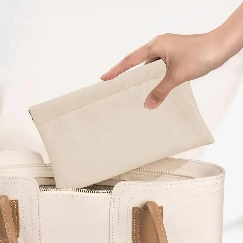 portefeuille long en cuir pu première couche, couleur unie, à fermeture automatique, pour passeport, permis de conduire, documents, câble de données et trousse à cosmétiques