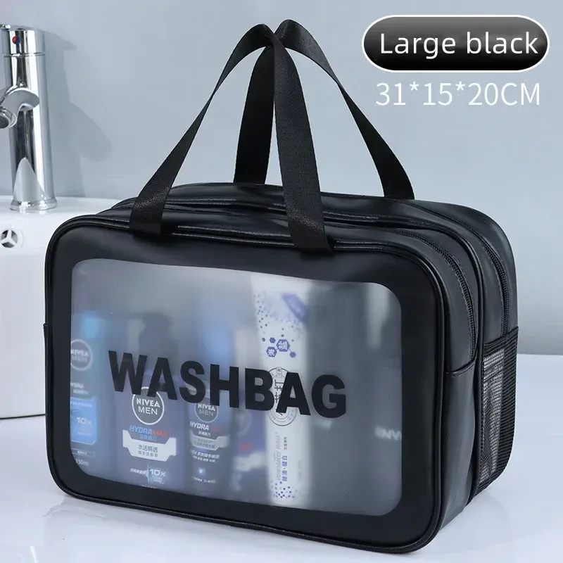 sac de maquillage double transparent en pu avec séparation sec-humide, sac de lavage portable, sac de rangement pour cosmétiques, essentiels de voyage, fitness et natation.
