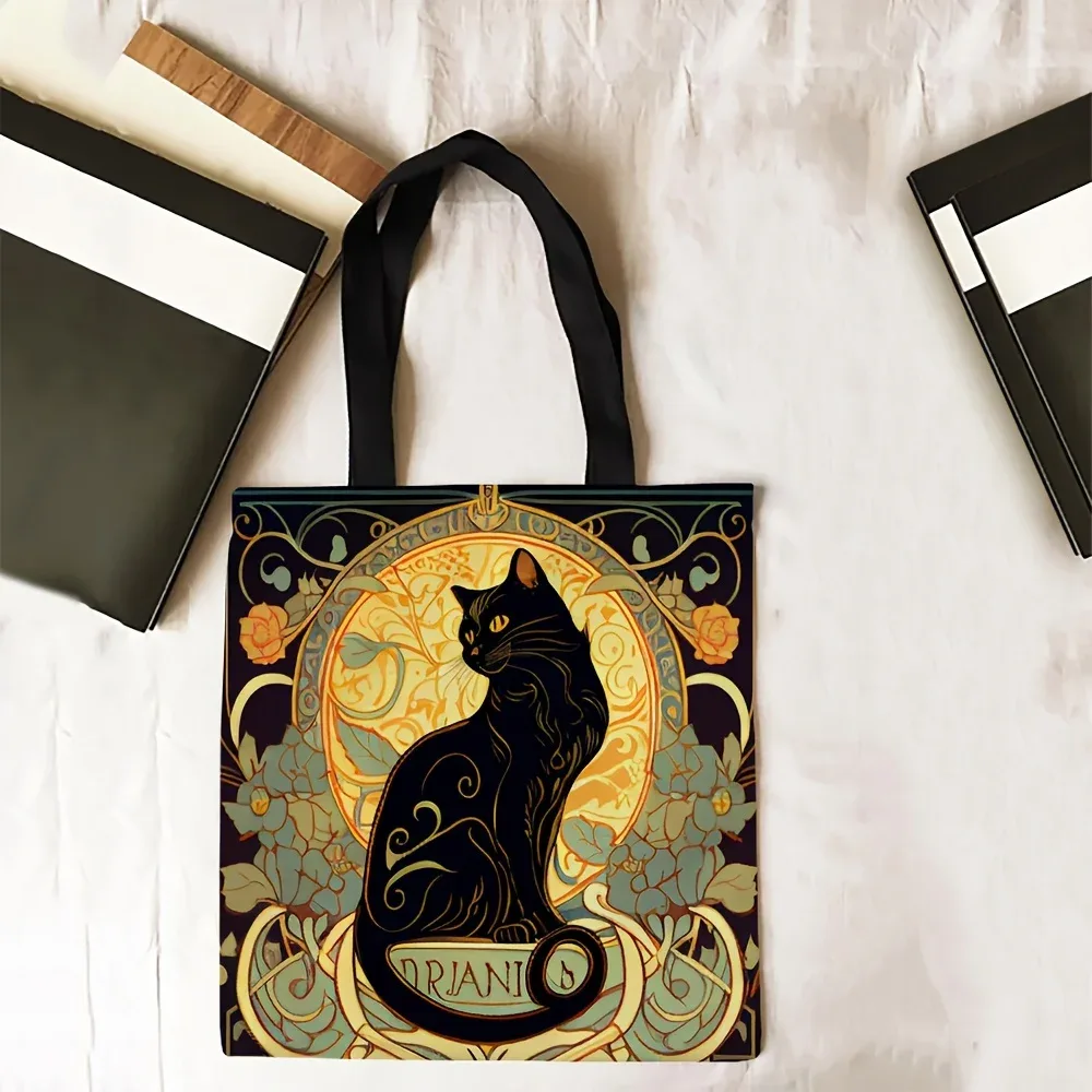 sac fourre-tout rétro art noble chat noir, sac à bandoulière à la mode, sac de courses léger quotidien en tissu de lin 40x40cm, sac à main