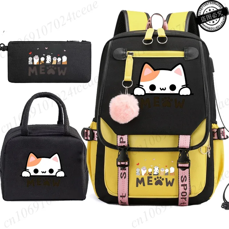 sac à dos scolaire pour adolescents, sac à dos quotidien pour étudiants, sac à dos pour filles, sac à dos scolaire à motif de chat noir, avec sac à lunch et trousse à crayons, 3 pièces/ensemble
