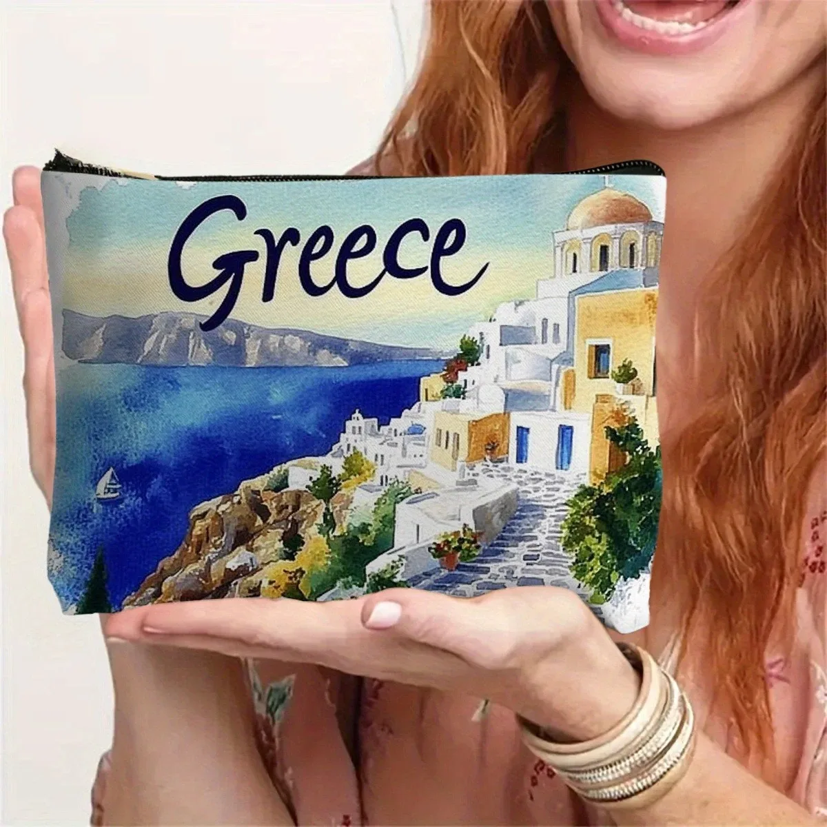 sac à cosmétiques aquarelle grèce bleu blanc jaune ville côtière & parthenon desig trousse de maquillage pochette de toilette de voyage en polyester